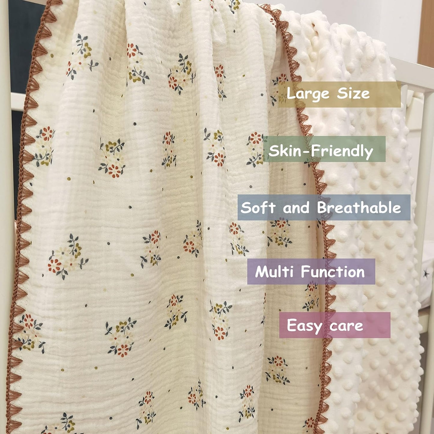 Baby Muslin Cotton Thick Blanket Dotted Backing Double Layer Soft Newborn Receiving Blanket 40x40Inch Flower Pattern