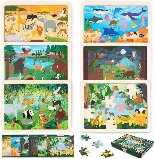 BONNYCO Wooden Puzzles for Kids Ages 4-6 and 3-5. Set of 6 Jigsaw Puzzles 24 Pieces with Board, Animals from Diverse Ecosystems. Educational Toys, Learning Gifts for Boys, Girls