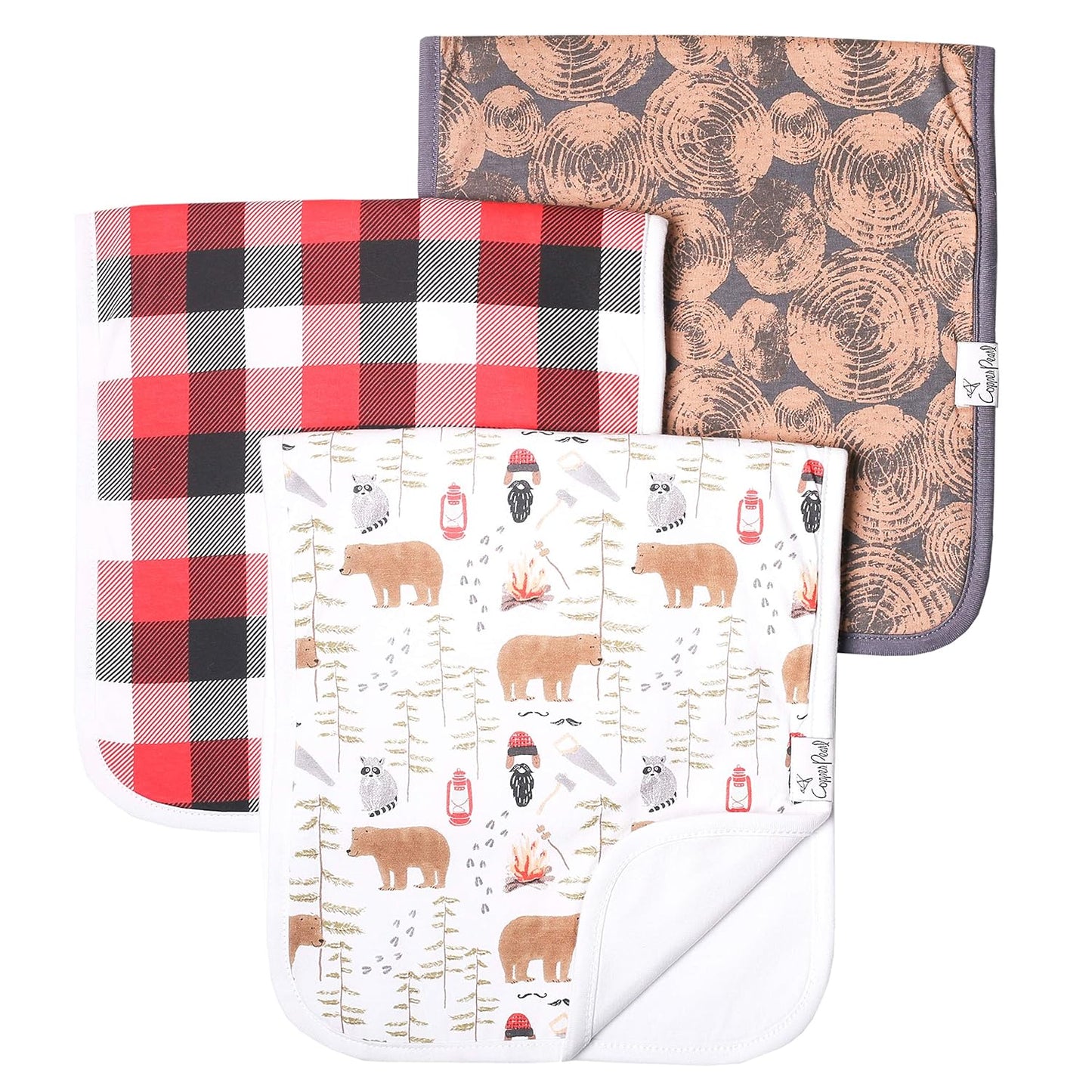 Copper Pearl Premium Baby Burp Cloths - 3-Pack Large Cotton Burp Cloths, Extra Soft Spit Up Rags with 3 Absorbent Layers, Perfect for Baby Boy Gifts (21" x 10" Size, Lumberjack Set)