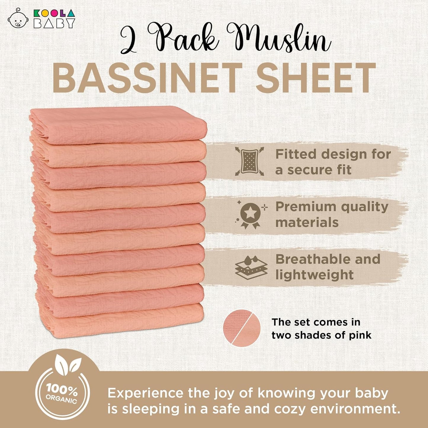 Bassinet Fitted Sheets - Compatible with Baby Delight Beside Me Dreamer Bassinet & Baby Joy Bedside Sleeper | 100% Organic Muslin Cotton - Light Pink + Dark Pink | 33X20 (2 Pack)