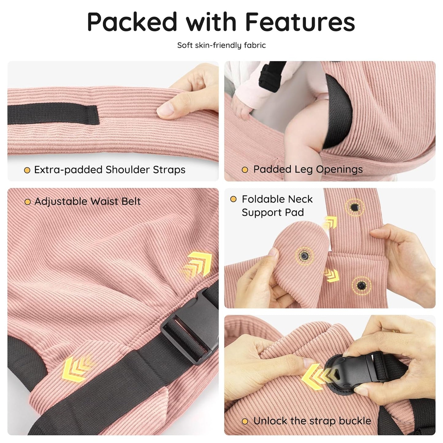 Baby Carrier Newborn to Toddler- Ergonomic,Cozy and Lightweight Infant Carrier for 7-40lbs,3 Carry Positions Newborn Carrier,Pink