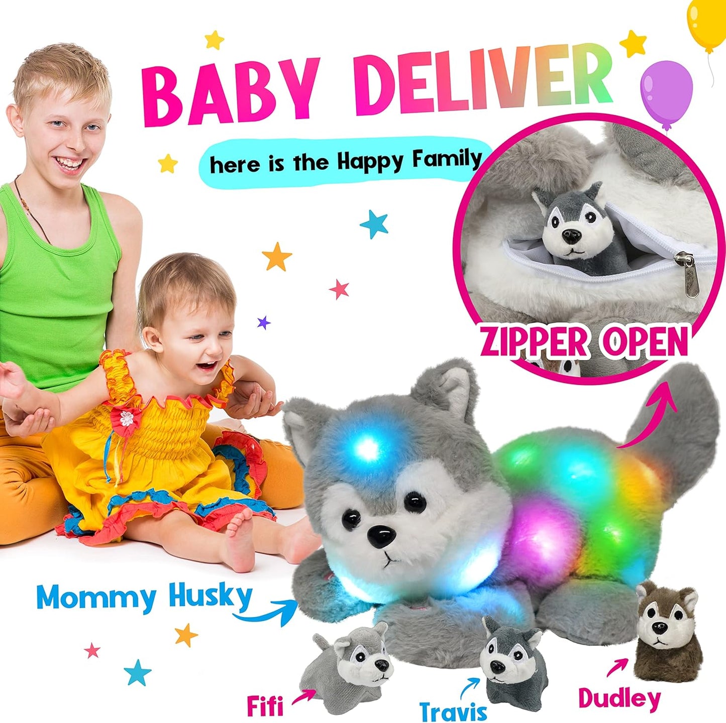 Hopearl LED Plush Husky Lighting Up Stuffed Mommy Dog with 3 Baby Puppies in her Tummy Stuffed Animal Playset Night Lights Glow in The Dark Gifts for Mom Toddler Boys Girls, Gray, 17''