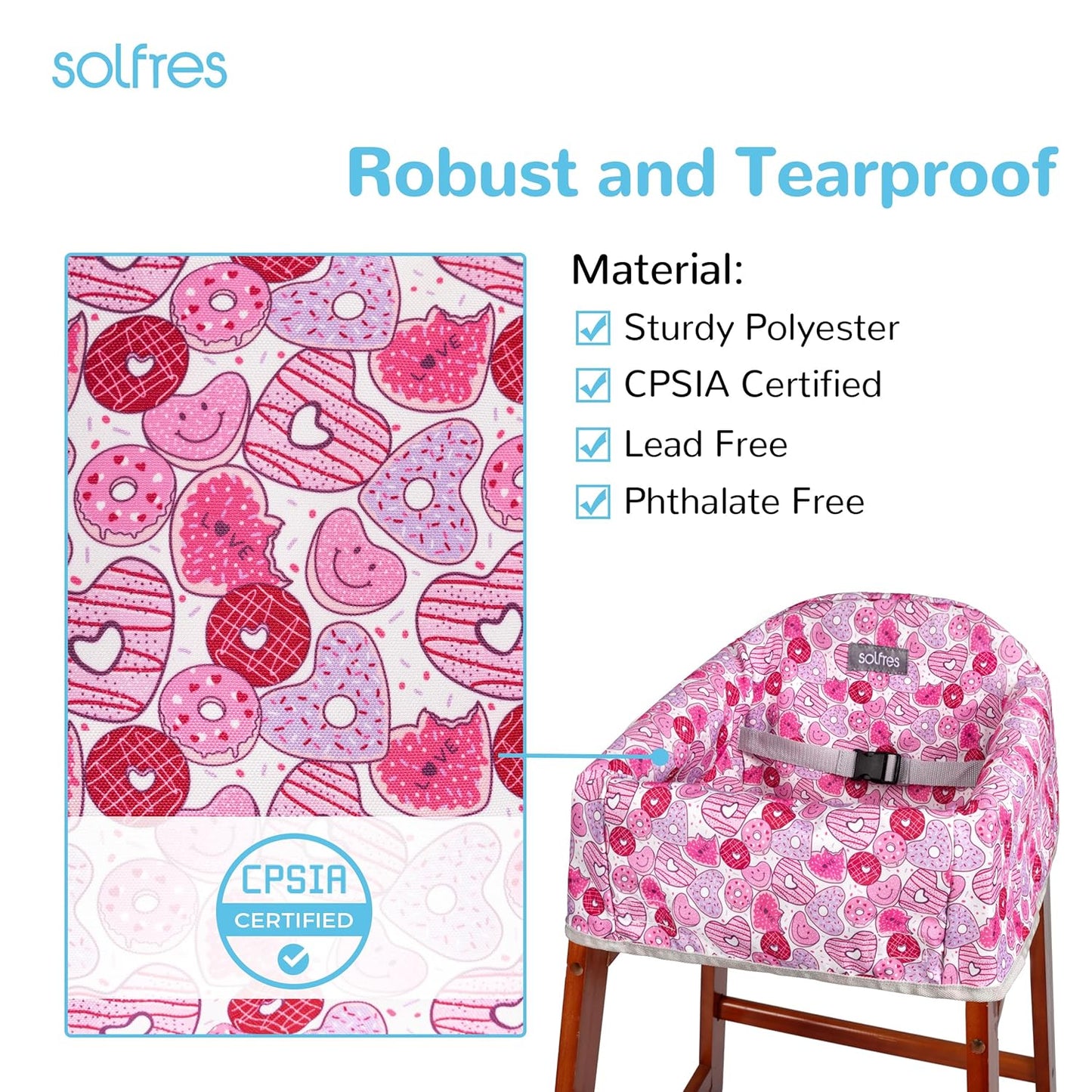 Solfres Dual-Belt High Chair Cover, Baby High Chair Cover, Upgrade Version, for Wooden or Restaurant High Chair, Sturdy and Robust Material, Heart-Shaped Donut, Pink Hot Pink Lilac