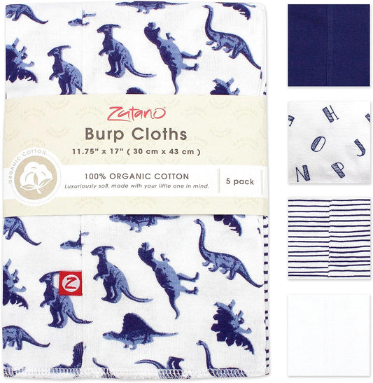 Zutano 5-Pack Organic Burp Cloths for Baby Girl & Boy, Large Cotton Burping Cloths for Babies | Absorbent Baby Spit-Up Rags | Gender Neutral Burp Clothes | Newborn Essentials, Dino Party