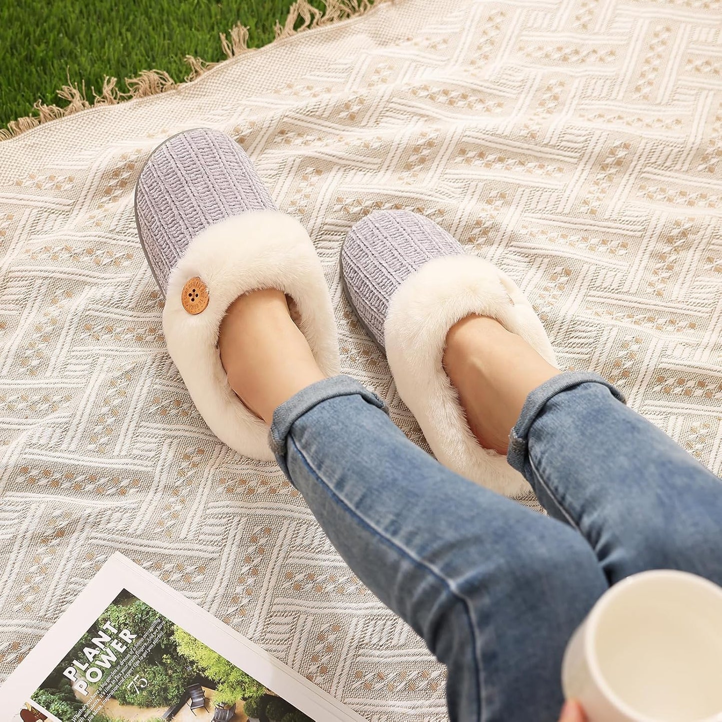 Evshine Warm Knit House Slippers for Women Comfy Wool-Like Lined Chenille Slippers with Memory Foam and Indoor Outdoor Soles