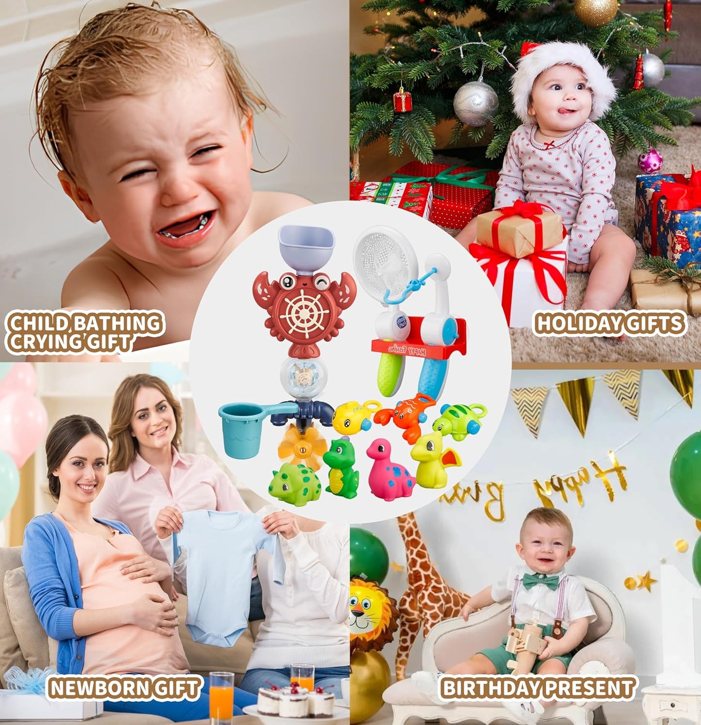 Bath Toys Set, Toddlers Bath Toys 1-3, Kid Bathtub Toy with 4pcs Dinosaur Water Spray, Fishing Games with Fish Net, Water Pool Toy , Shower Toy Gift for Boy Girl Infant