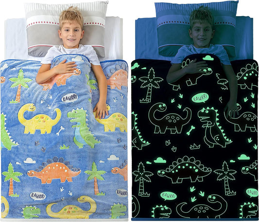 Glow in The Dark Dinosaur Blanket for Boys –Soft Plush Blue Fleece Throw Blanket. Great Dinosaur Gifts for Kids, Grandkids, Baby, Toddler, Birthday, Christmas! 8+ Hour Glow. (50”X60”)