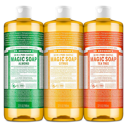 Dr. Bronner's Pure-Castile Magic Liquid Soap – Made with Organic Oils 32 oz (3-Pack) Almond, Citrus, Tea Tree, Body Wash, Face, Dish, Laundry, Pet Wash, Multi-Purpose Soaps