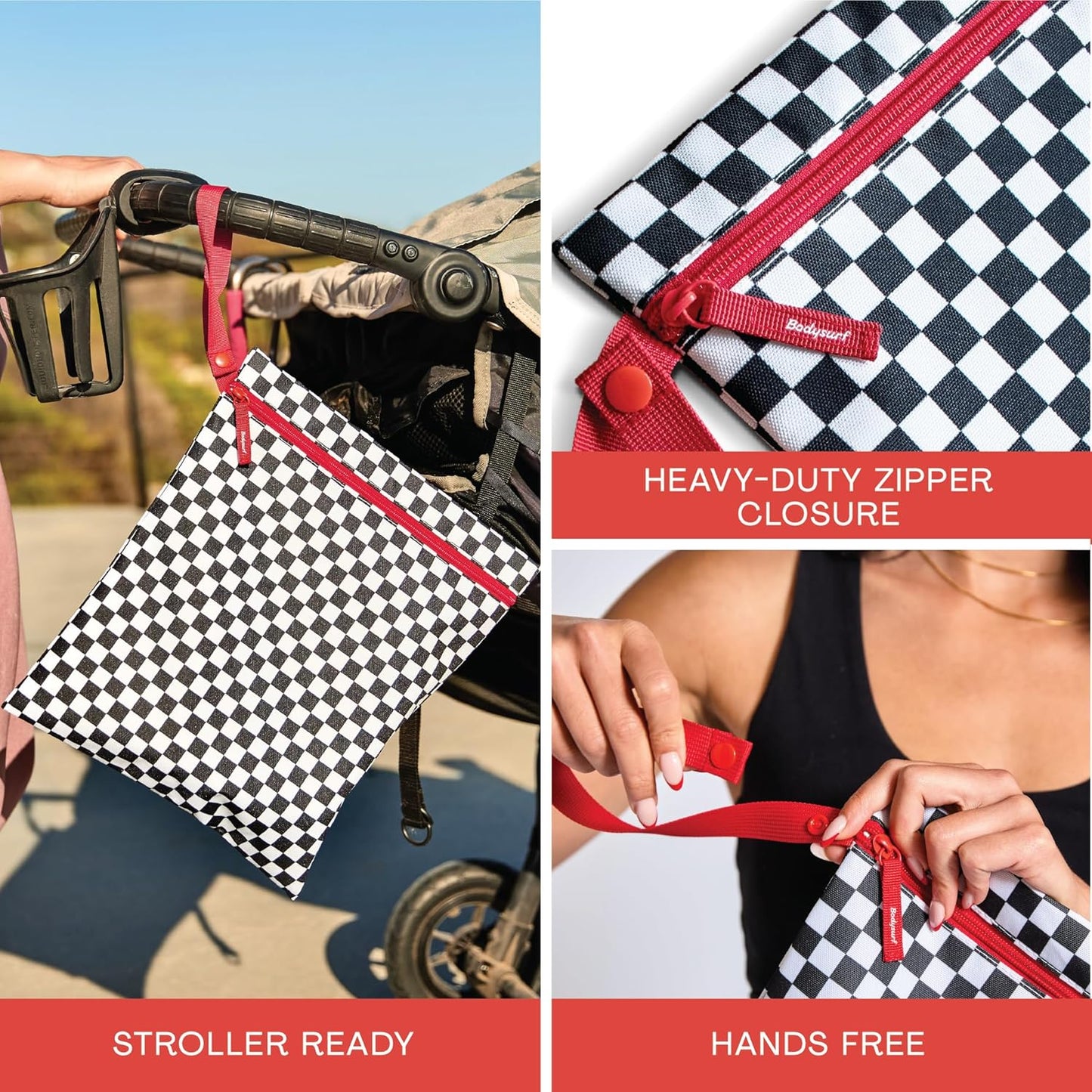 Bodysurf Wet Bags for Baby, Toddlers, Kids – 2 Pack Large Reusable Wetbag for Swimsuits, Diapers, Daycare, Gym, Laundry – Waterproof Diaper Bag Accessory & Baby Travel Essentials (Checkered, Black)