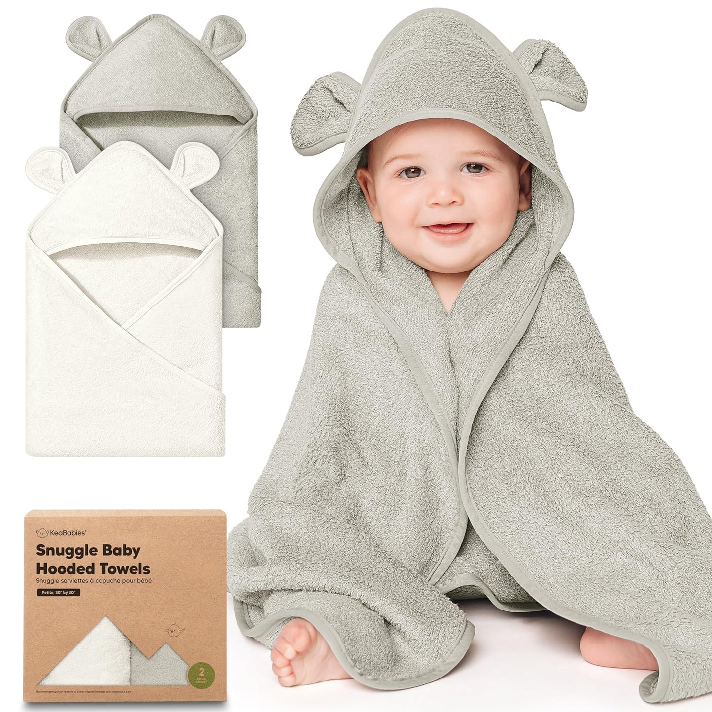 KeaBabies 2-Pack Hooded Baby Towels for Newborn - 30x30 Soft & Absorbent Viscose from Bamboo Baby Bath Towels with Hood for Infant, Toddler,Kids,Boys Girls,Newborn Bath Essentials (Graphite, Petite)