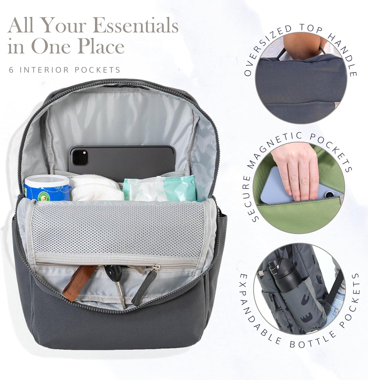 RED ROVR Roo Lightweight 1 LB Diaper Bag Backpack | 11 organizational pockets| Durable & Water-Resistant (Charcoal Doodle)