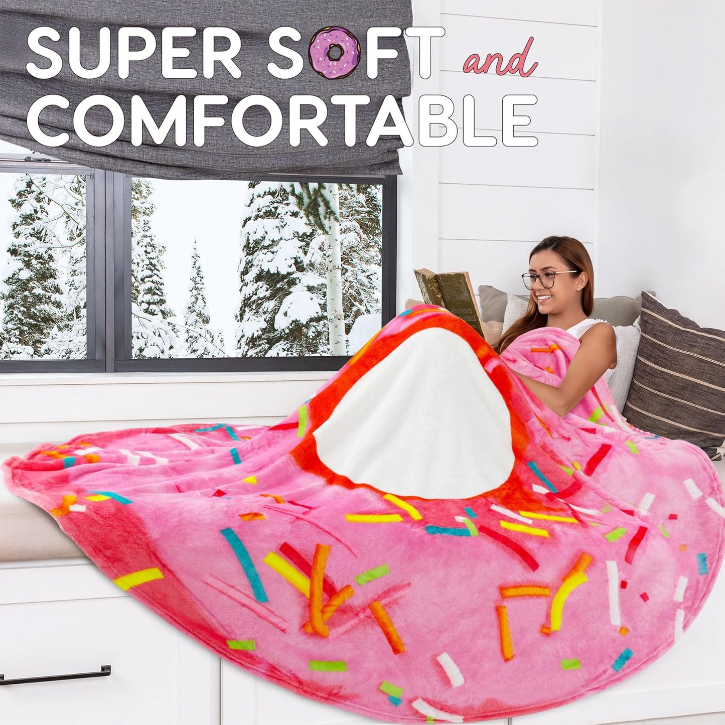 Zulay Giant Double Sided Glazed Donut Blanket - Novelty Round Flannel Donut Blanket for Adults & Kids - Indoors, Outdoors, Travel - 60 Inches