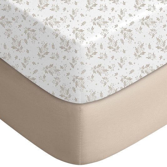 Yoofoss Pack and Play Sheets Fitted, Mini Crib Sheets 2-Pack for Pack N Play Mattress, Stretchy Playard Sheet, Soft and Breathable Brown+Leaf