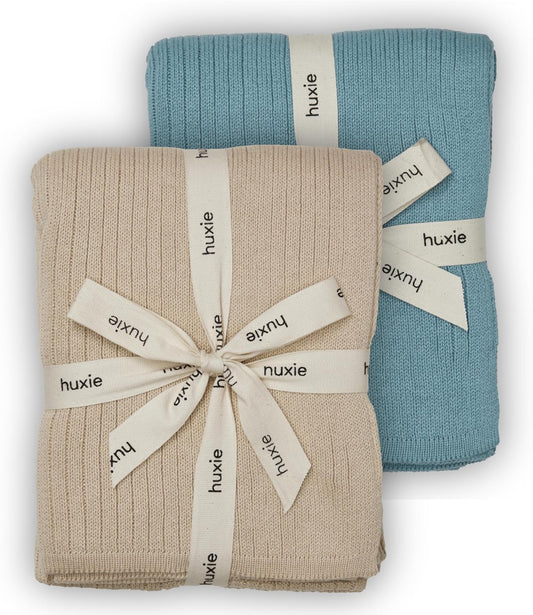 Knitted Organic Cotton Baby Blanket- Swaddle Blanket, 30" x 40" Soft Receiving Blanket for Newborn 2-Pack (Fog and Polar Blue)