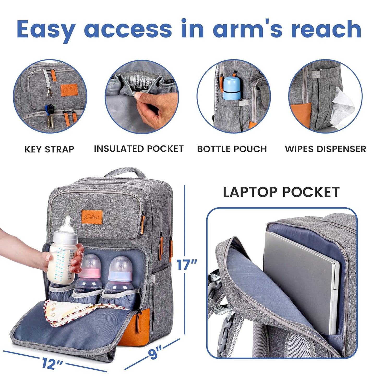 PILLANI Baby Diaper Bag Backpack - Large Bag for Boys & Girls, Waterproof Diaper Backpack - Travel Diaper Bags w/Changing Pad, Baby Registry Search & Shower Gifts - Essentials Must Haves Newborn Stuff