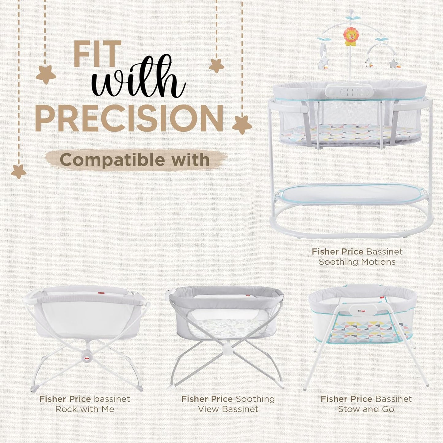 Bassinet Fitted Sheets - Compatible with Fisher Price Bassinet Soothing Motions, Stow and Go, Rock with Me & Soothing View Bassinet | 100% Organic Jersey Cotton - White + Grey | 32x16 (2 Pack)