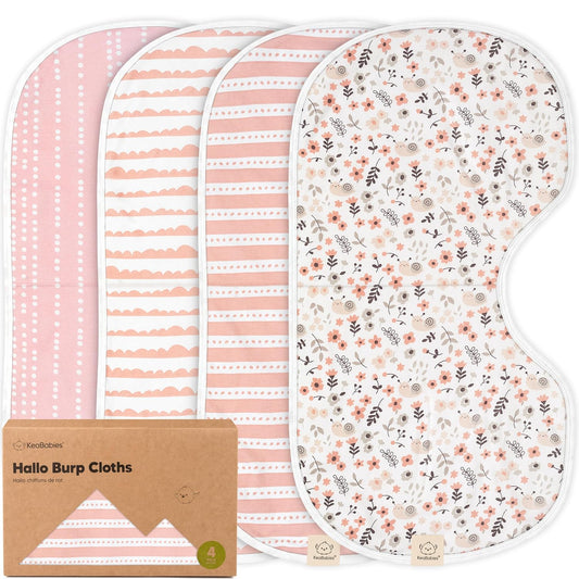 KeaBabies 4-Pack Baby Burp Cloths Baby Girl, Boy - Organic Cotton Burp Cloth, Extra Large, Absorbent, Soft Burping Cloths & Bibs Set for Babies, Newborn Burp Clothes, Thick Burp Rags (Sweet Charm)