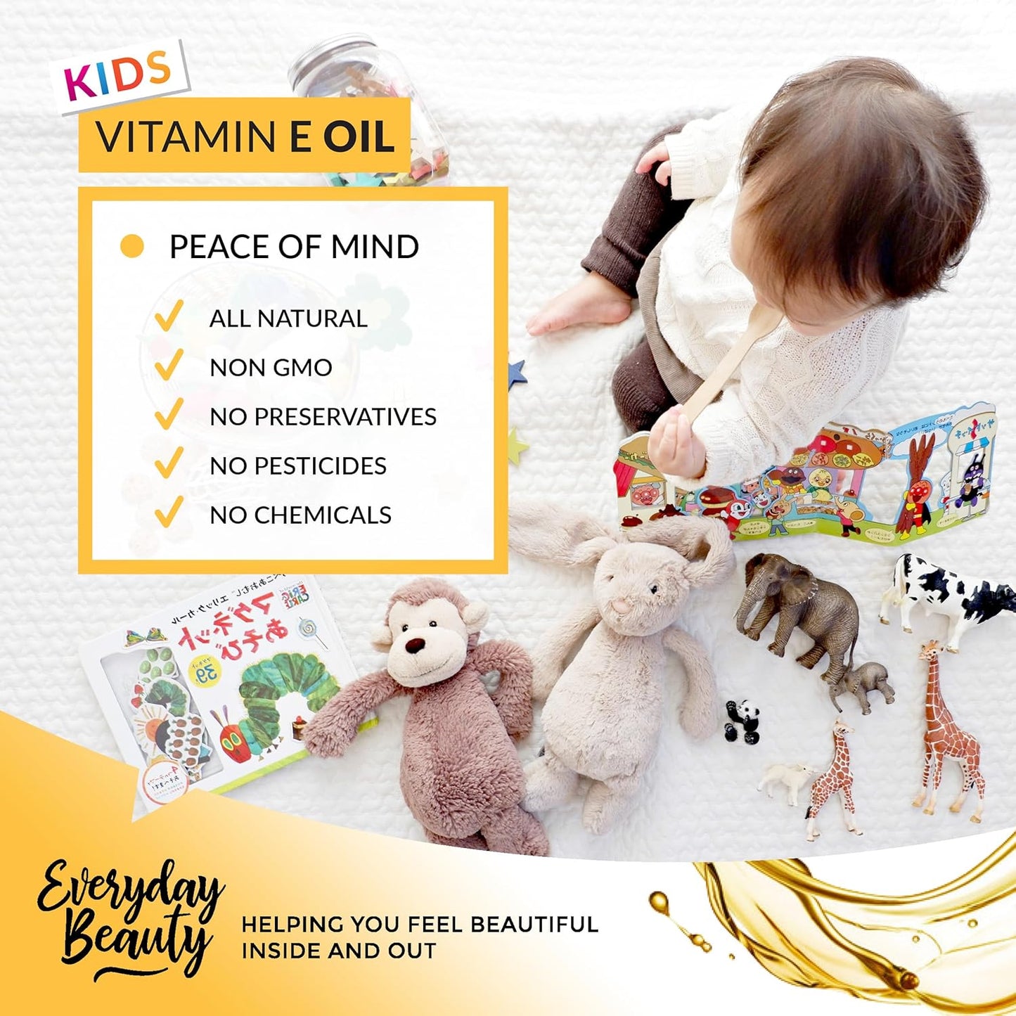 Organic Vitamin E Oil - Nourishing Baby Massage Oil for Moisturizing Dry Skin - Fragrance Free & All Natural Plant Based, Lightweight Gentle Blend - 2.02 fl oz Glass Bottle With Glass Dropper