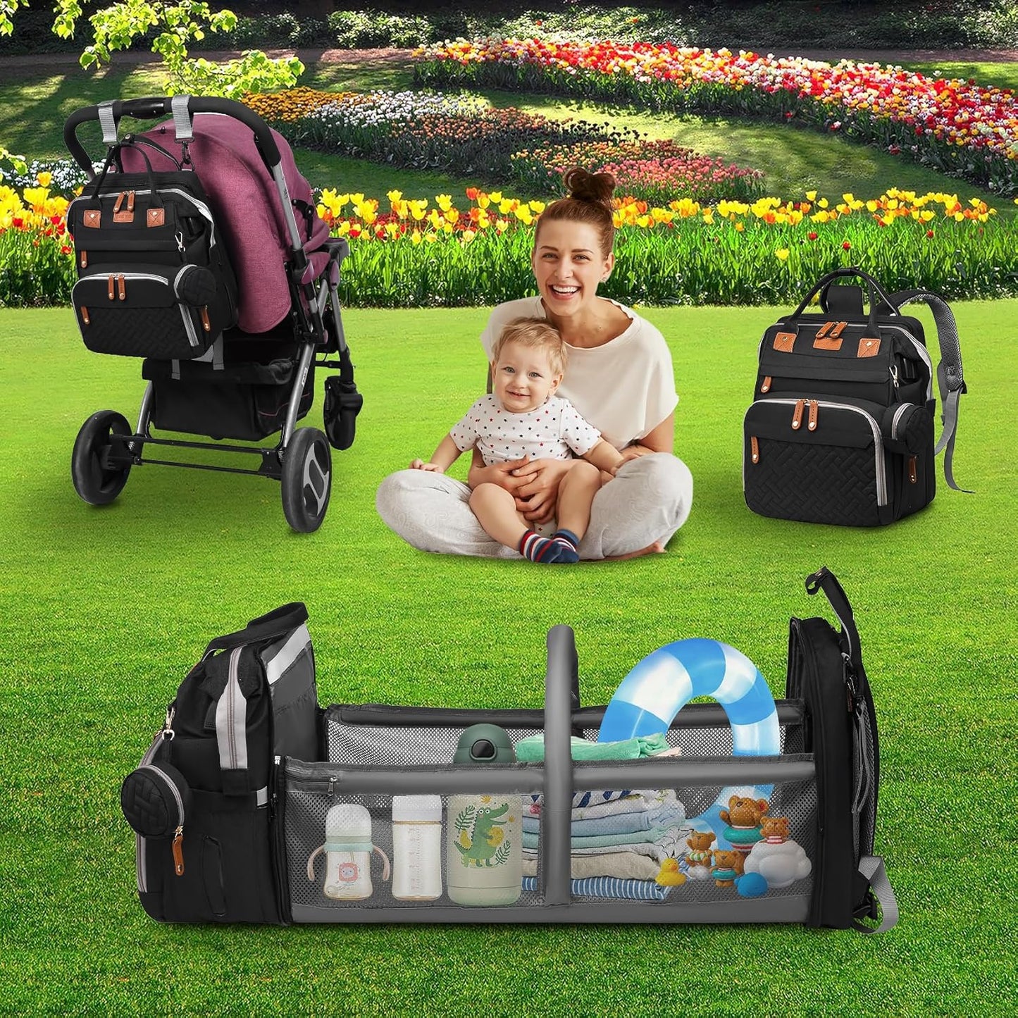 Baby Diaper Bag Backpack Diaper Bag Multifunctional Waterproof Diaper Bag with Changing Station Travel Diaper Backpack with Changing Pad, Pacifier Case & Stroller Straps(Black)