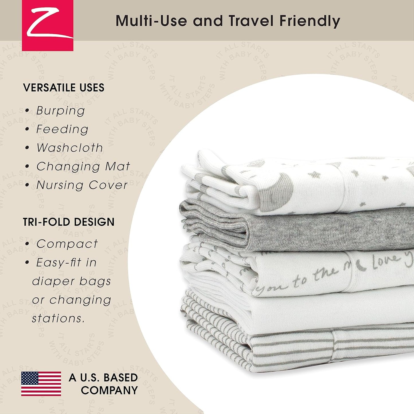 Zutano 5-Pack Organic Burp Cloths for Baby Girl & Boy, Large Cotton Burping Cloths for Babies | Absorbent Baby Spit-Up Rags | Gender Neutral Burp Clothes | Newborn Essentials, Love You to The Moon