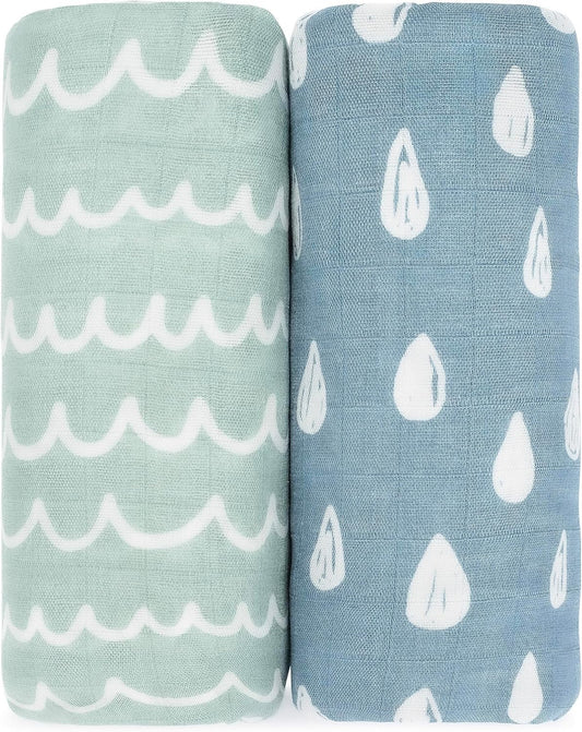 Comfy Cubs Muslin Swaddle Blankets Pack of 2 - 47 x 47 Inch Soft Cotton Baby Blanket Set, Large Multipurpose Wraps for Newborns - Self-Soothing Swaddles for Newborns - Rain & Doodle