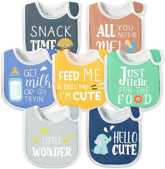 7Pcs Cotton Waterproof Baby Bibs Hook Loop Closure Newborn Bib Keepsake Baby Gift for Drooling Feeding Eating
