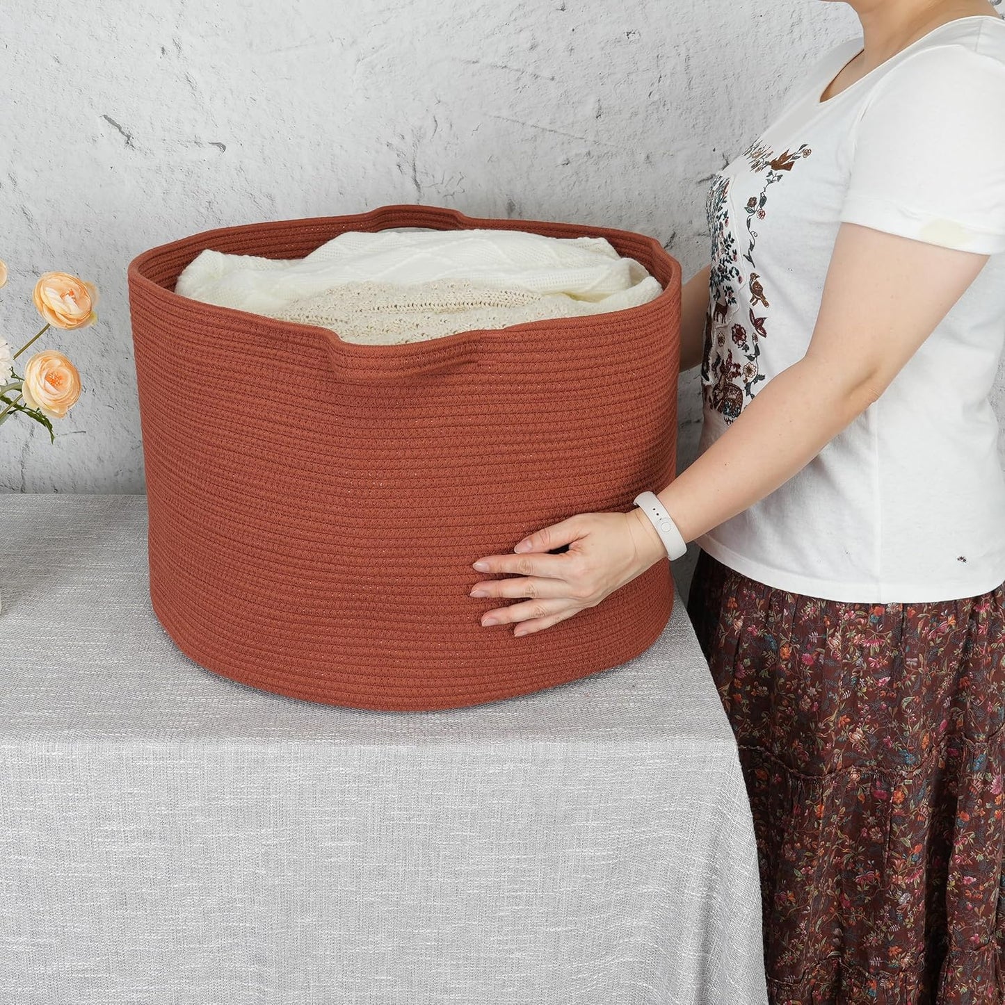 Large Cotton Rope Basket Blankets Basket Living Room 22"x14" Toy Baskets for Kids and Dogs Rope Storage Baskets for Nursery Woven Laundry Baskets for Clothes Towels Baby Toy round rustic