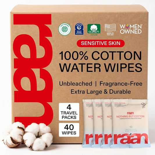 Raan, 100% Cotton TRAVEL PACKS Baby & Toddler Wipes, Unbleached, 99% Purified Water, Fragrance Free, EWG verified, Made for Sensitive Skin, Naturally Soft and Durable, 4 TRAVEL-PACK, 40 Count