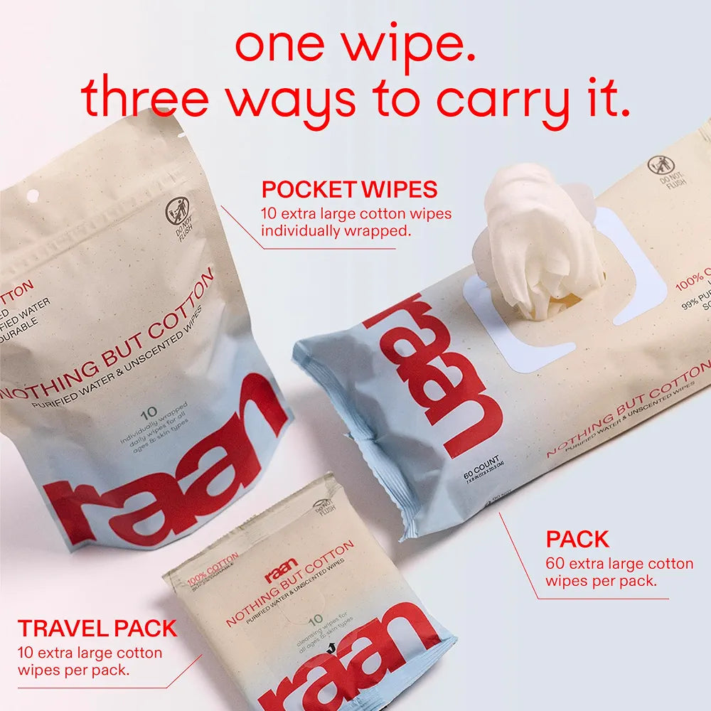 Raan, 100% Cotton TRAVEL PACKS Baby & Toddler Wipes, Unbleached, 99% Purified Water, Fragrance Free, EWG verified, Made for Sensitive Skin, Naturally Soft and Durable, 4 TRAVEL-PACK, 40 Count