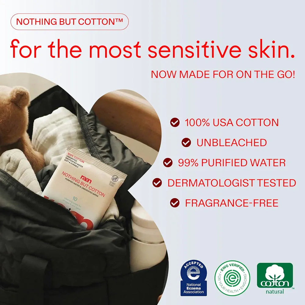 Raan, 100% Cotton TRAVEL PACKS Baby & Toddler Wipes, Unbleached, 99% Purified Water, Fragrance Free, EWG verified, Made for Sensitive Skin, Naturally Soft and Durable, 4 TRAVEL-PACK, 40 Count