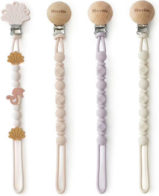Moonkie Silicone Pacifier Clips for Baby – Durable One-Piece Binky Holder, Mixed Styles Paci Clips, Baby Essentials for Newborn Boys & Girls - 4 Pack (Sunset Shore)