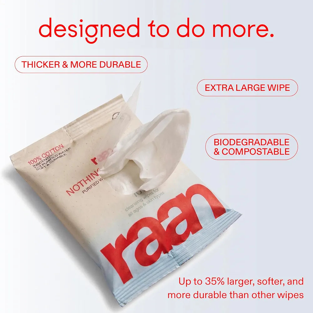 Raan, 100% Cotton TRAVEL PACKS Baby & Toddler Wipes, Unbleached, 99% Purified Water, Fragrance Free, EWG verified, Made for Sensitive Skin, Naturally Soft and Durable, 4 TRAVEL-PACK, 40 Count